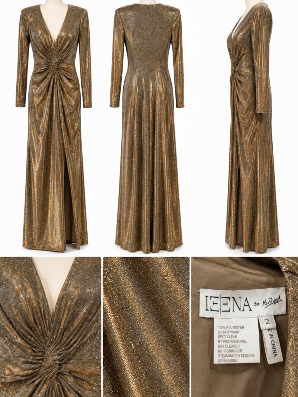 Ieena for Mac Duggal Antique Gold Metallic Long Sleeve Gown – Size 2 – NWT